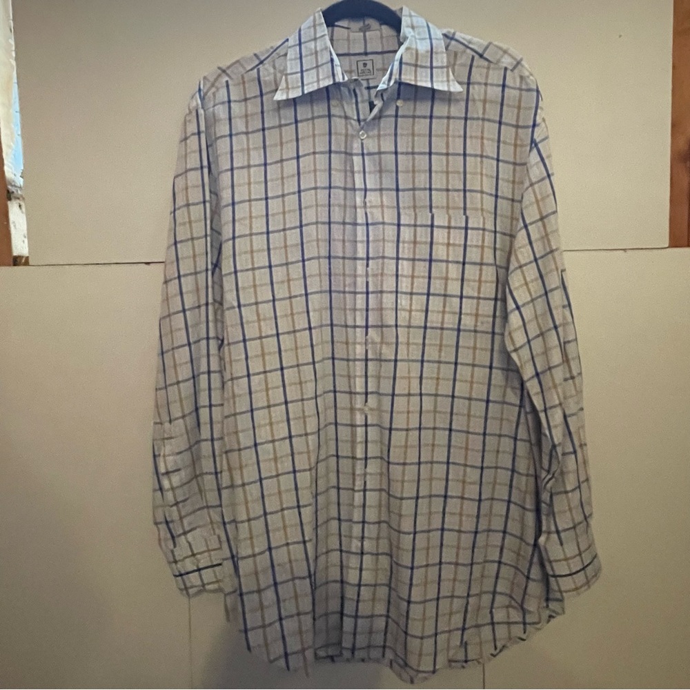 Peter Millar Men’s medium button up cream colored with tan  and blue stripes